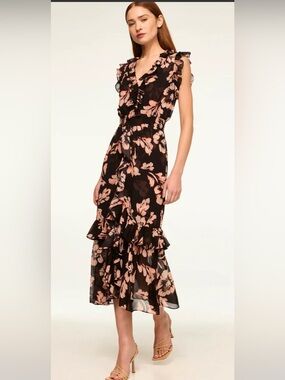 Black & Pink Floral Ruffle Midi Dress
